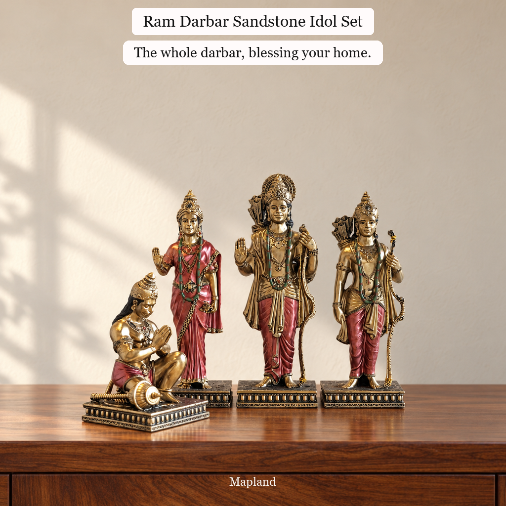 Ram Darbar Sandstone Idol Set by Mapland on a walnut console