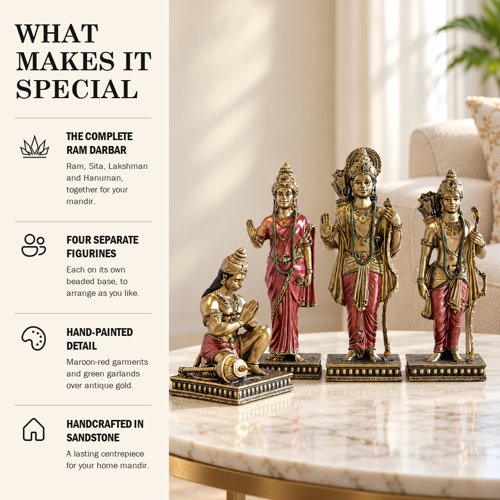 What makes the Ram Darbar sandstone idol set special: complete darbar, four separate figurines, hand-painted detail, handcrafted in sandstone