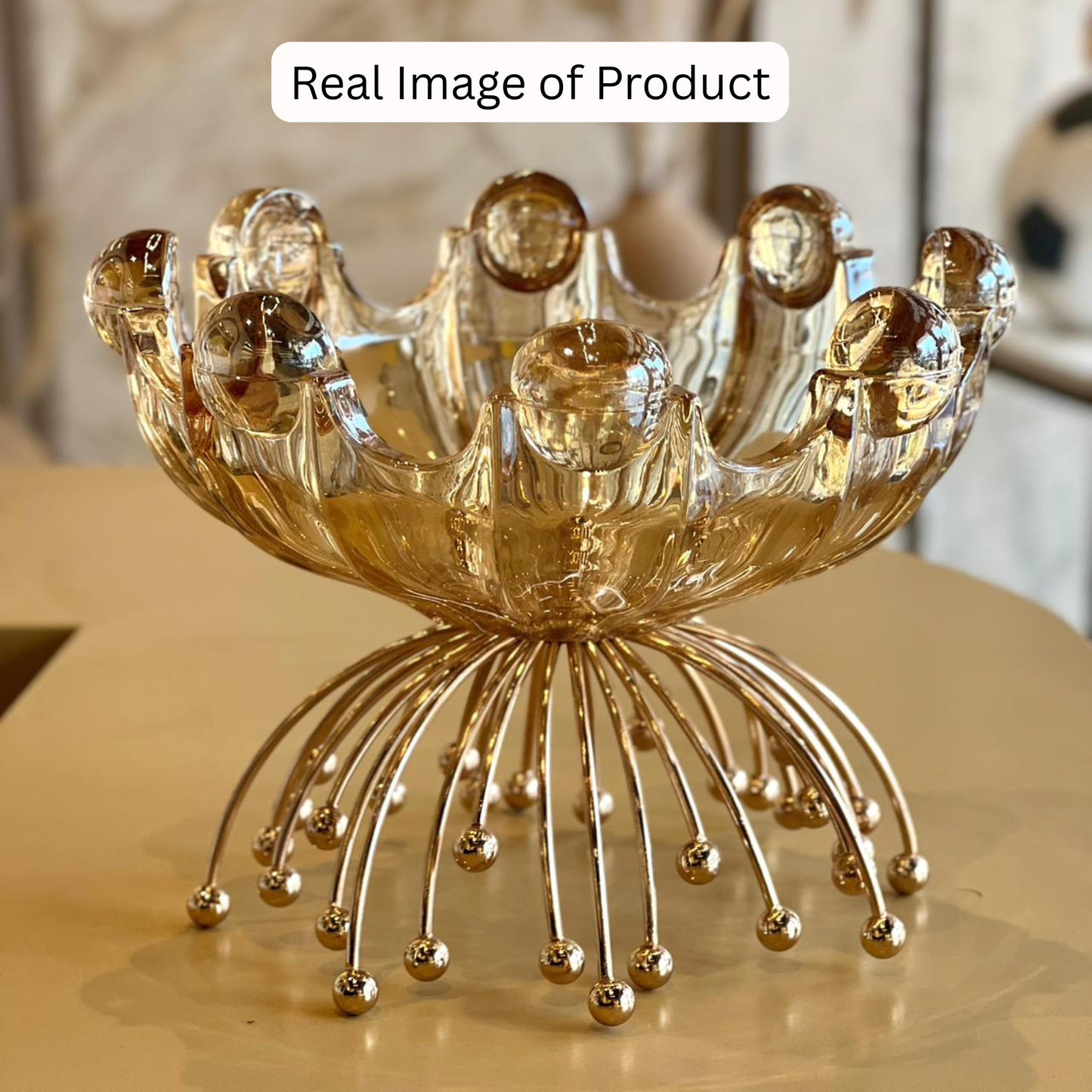 Soleil Crystal Fruit Bowl Real Product Photo - Glass Bowl with Gold Metal Starburst Stand | Mapland