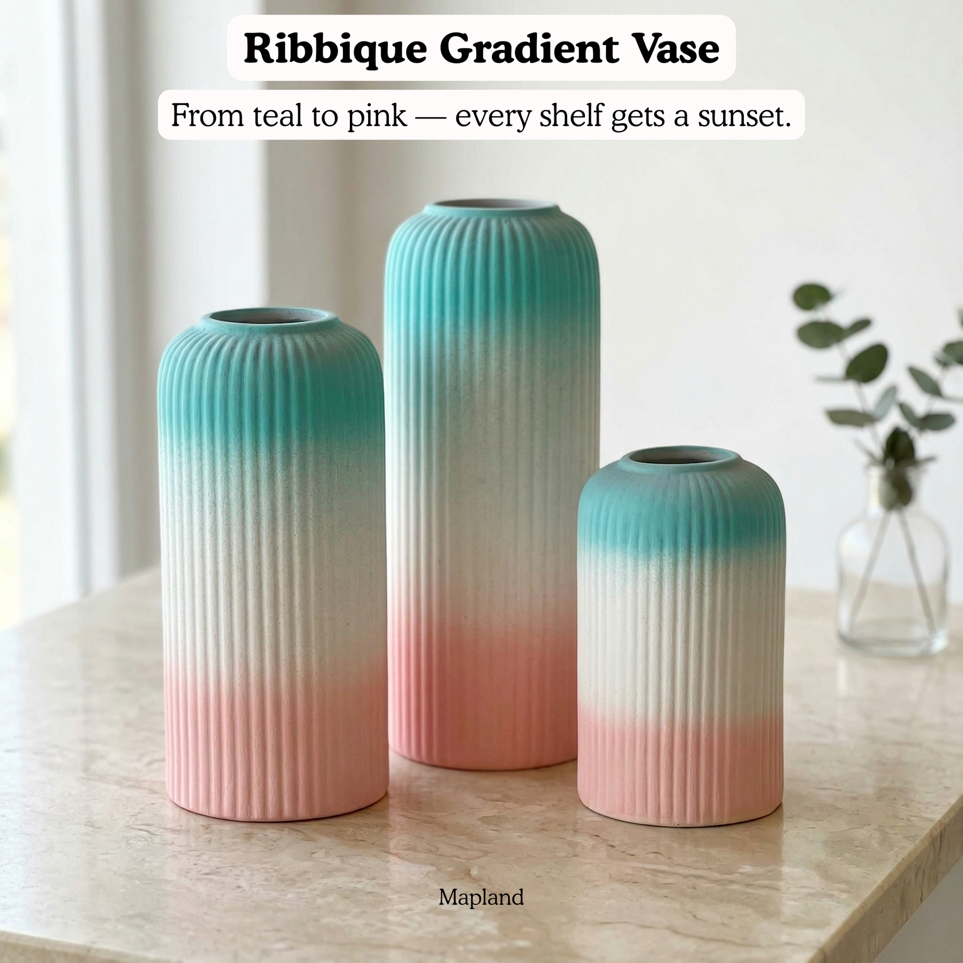 Ribbique Gradient Vase Set of 3 handmade ceramic vase — side view, Indian artisan craft | Mapland