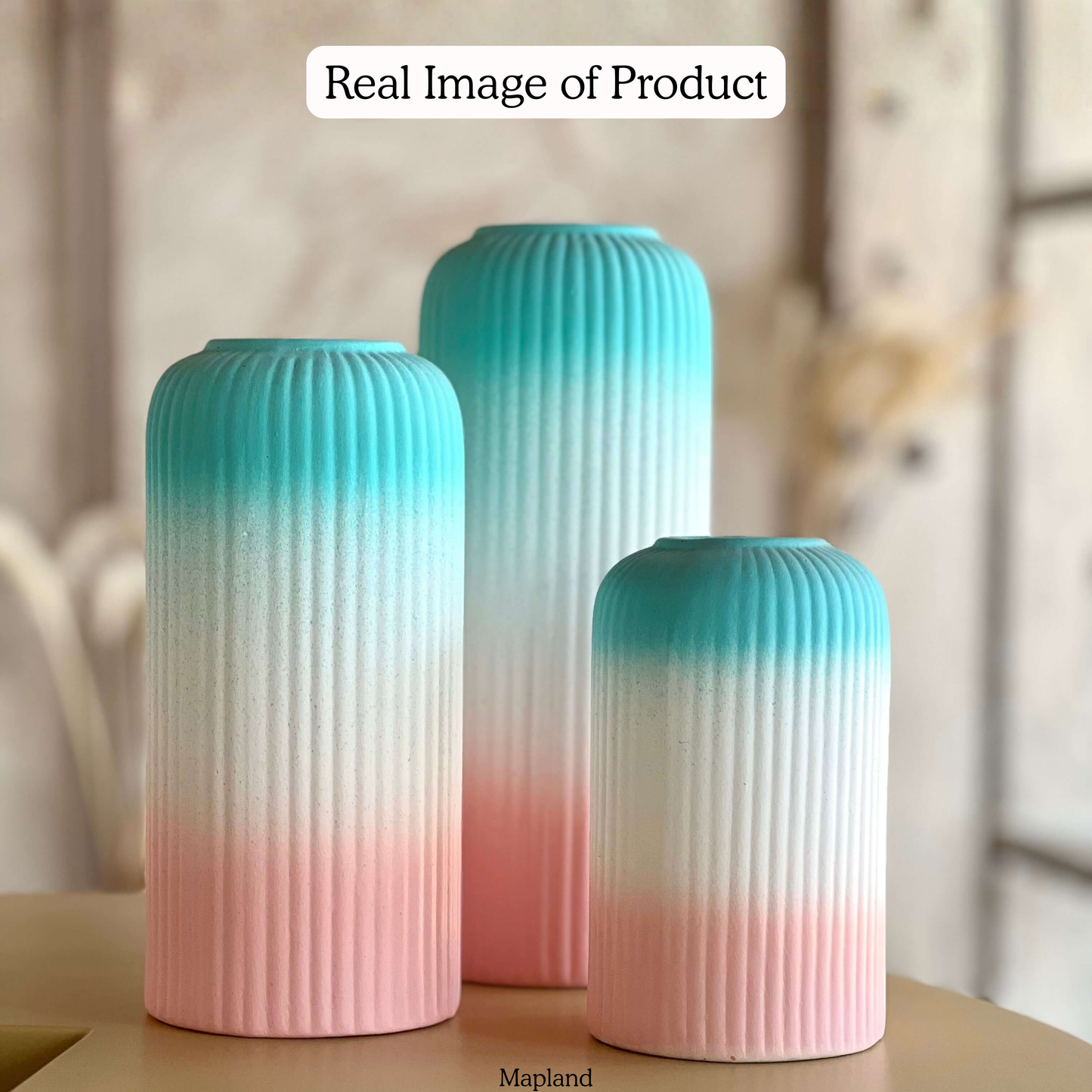 Ribbique Gradient Vase Set of 3 handmade ceramic vase — angle view, Indian artisan craft | Mapland