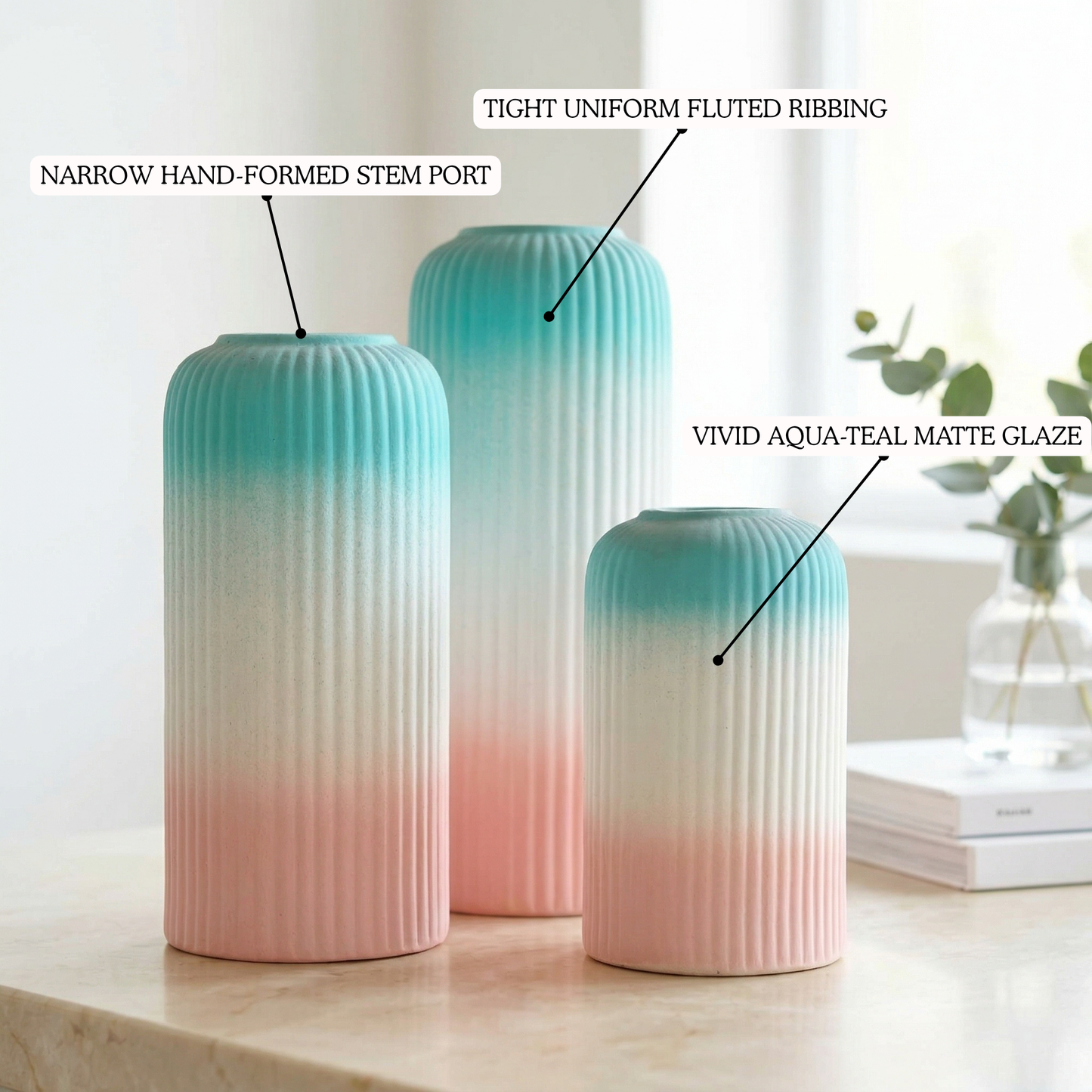 Ribbique Gradient Vase Set of 3 handmade ceramic vase — top view, Indian artisan craft | Mapland