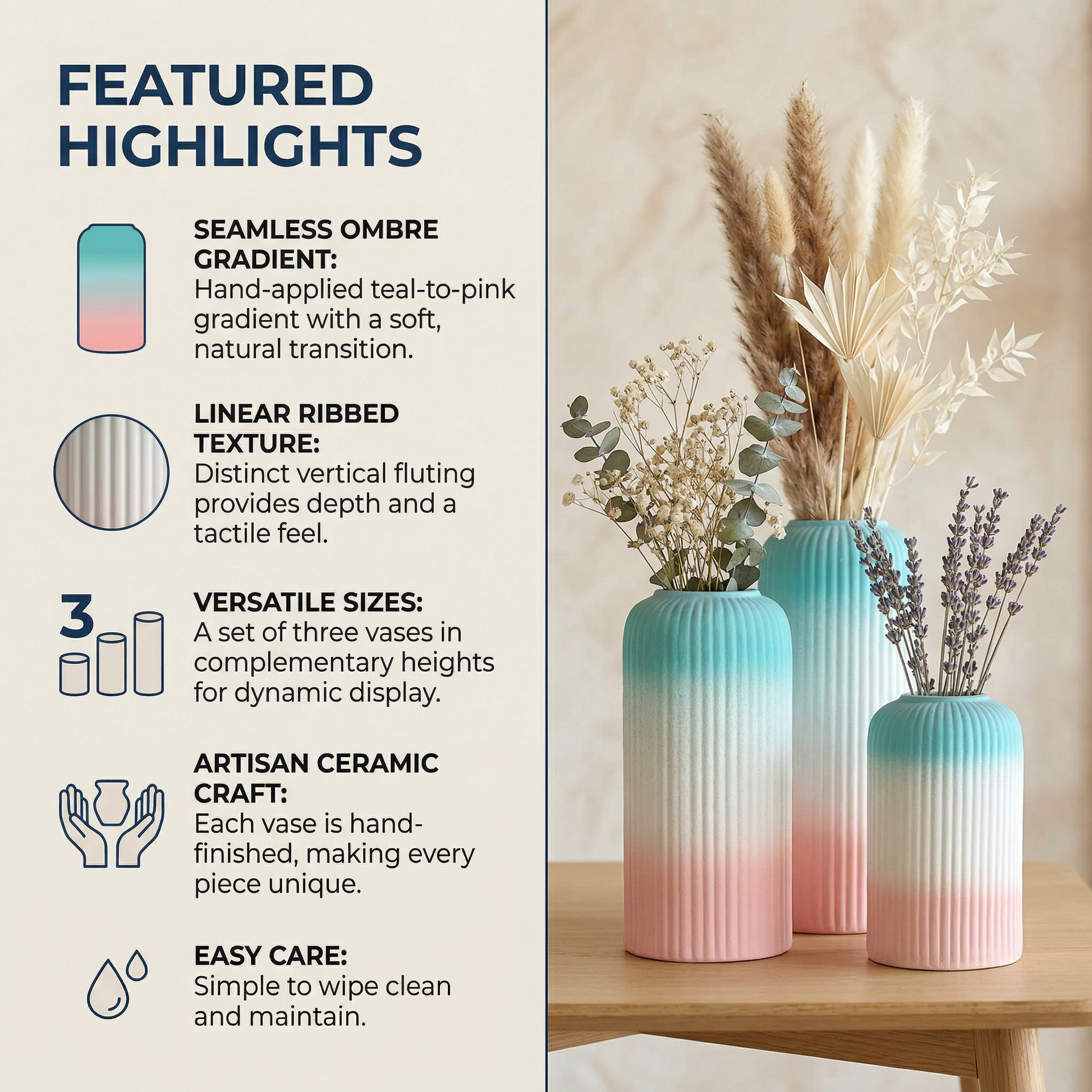 Ribbique Gradient Vase Set of 3 handmade ceramic vase — lifestyle view, Indian artisan craft | Mapland