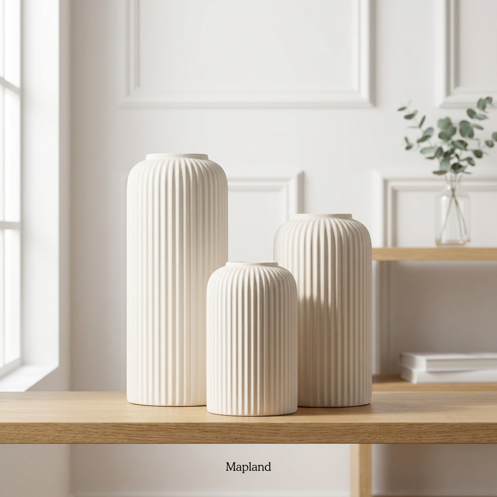 Ribbed ceramic vase set of 3 in white — handmade ceramic vase | Mapland Design Studio