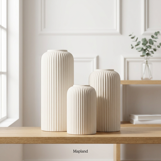 Ribbed ceramic vase set of 3 in white — handmade ceramic vase | Mapland Design Studio