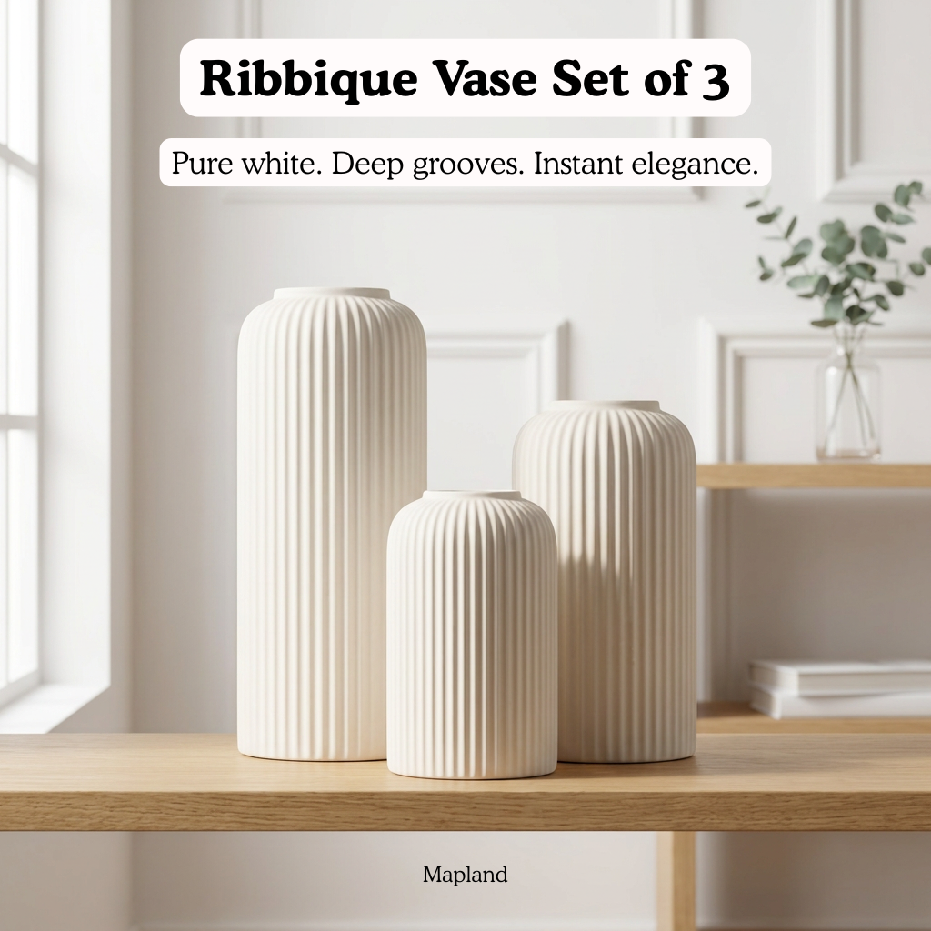 Ribbique Vase Set of 3 handmade ceramic vase — side view, Indian artisan craft | Mapland