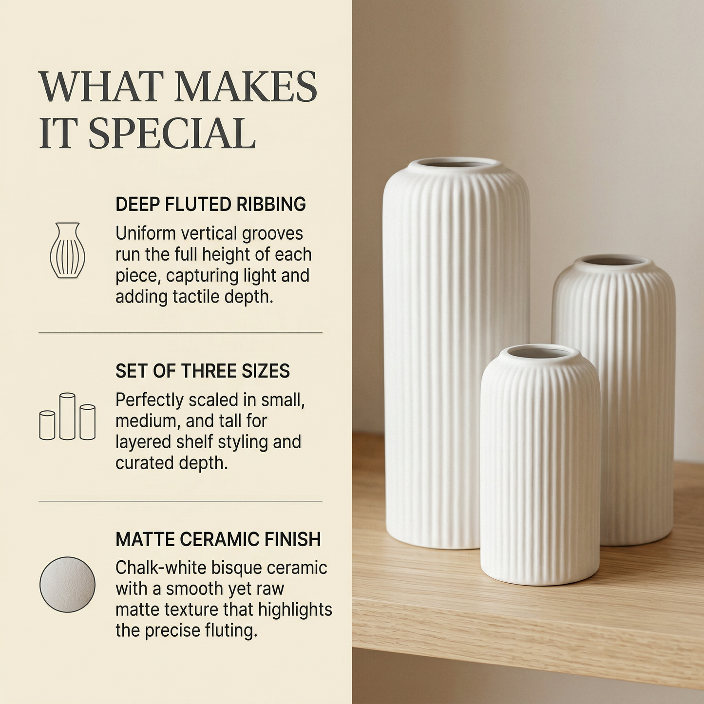 Ribbique Vase Set of 3 handmade ceramic vase — lifestyle view, Indian artisan craft | Mapland