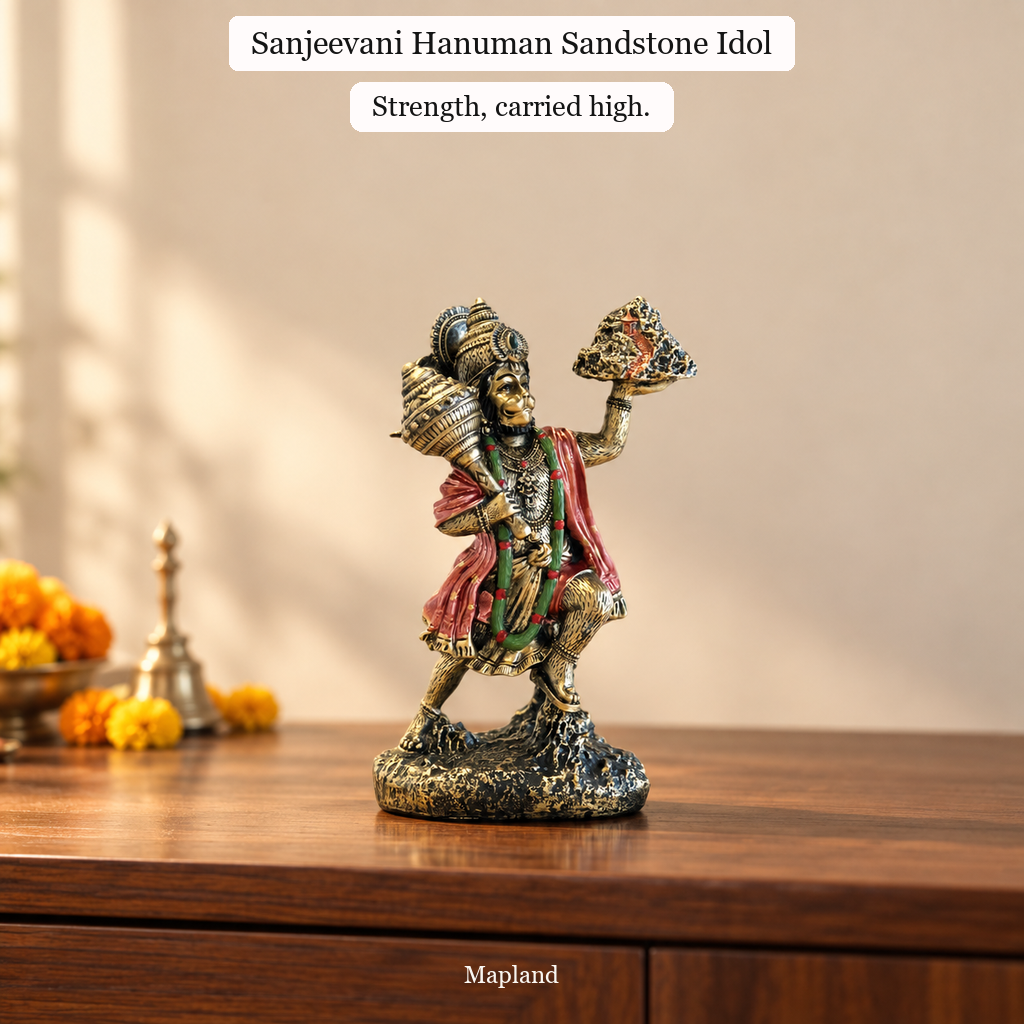 Sanjeevani Hanuman sandstone idol on a wooden console | Mapland
