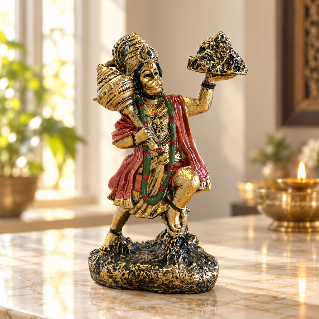 Sanjeevani Hanuman sandstone idol 6 inch, antique gold with coral-red sash | Mapland
