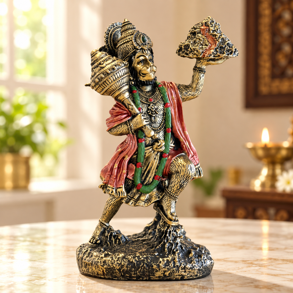 Sanjeevani Hanuman sandstone idol antique gold with coral-red sash | Mapland