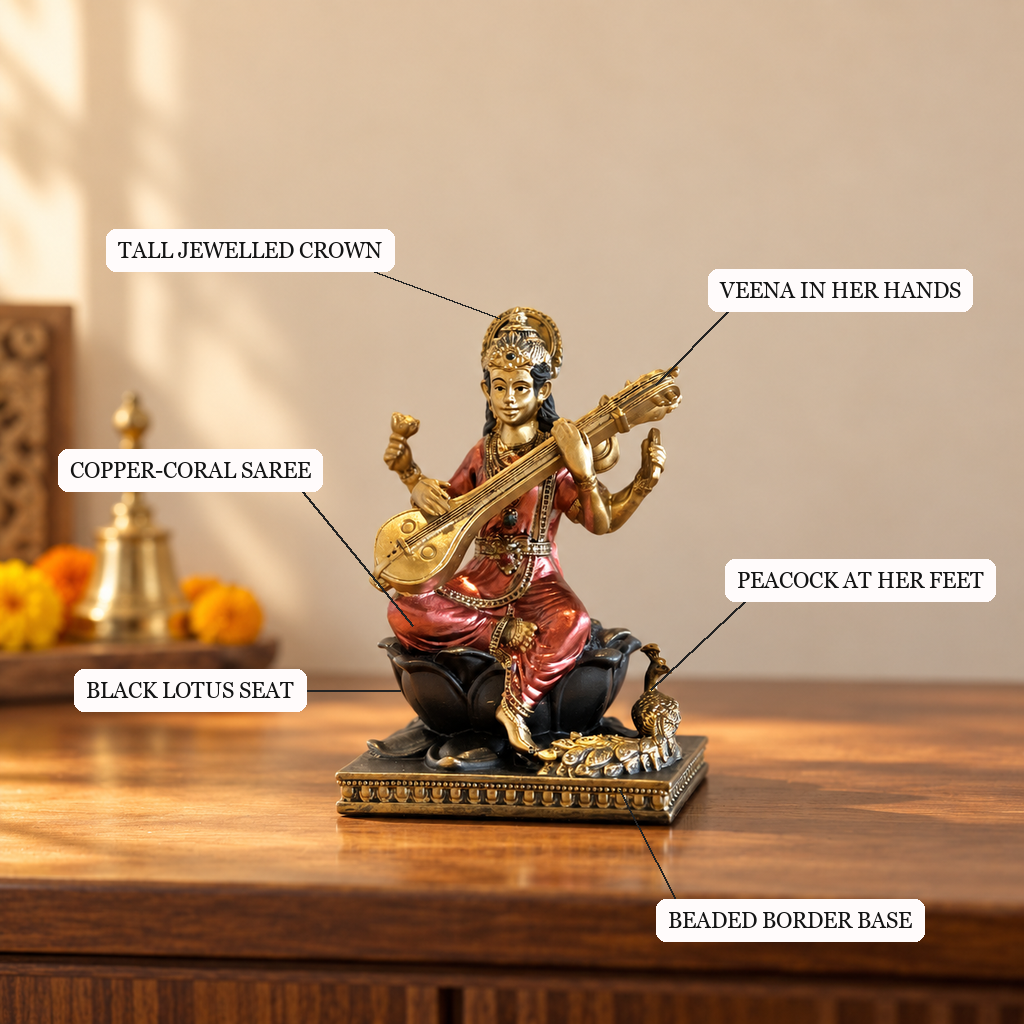 Saraswati Maa idol crown, veena, lotus seat and peacock detailing | Mapland