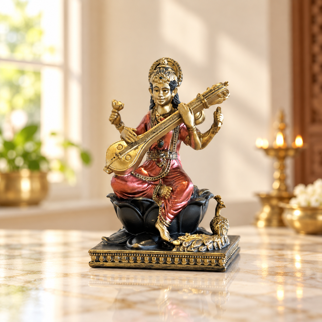 Saraswati Maa sandstone idol with veena, antique gold with copper-coral saree | Mapland