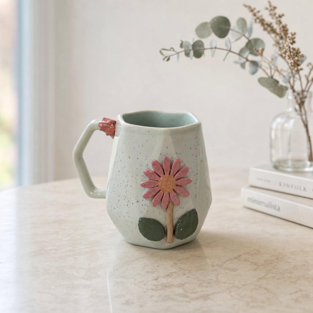 Sculpted Daisy Faceted Ceramic Mug