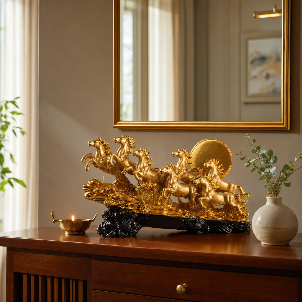 Decorative golden sculpture of seven horses on a wooden table with a mirror and plant in the background.