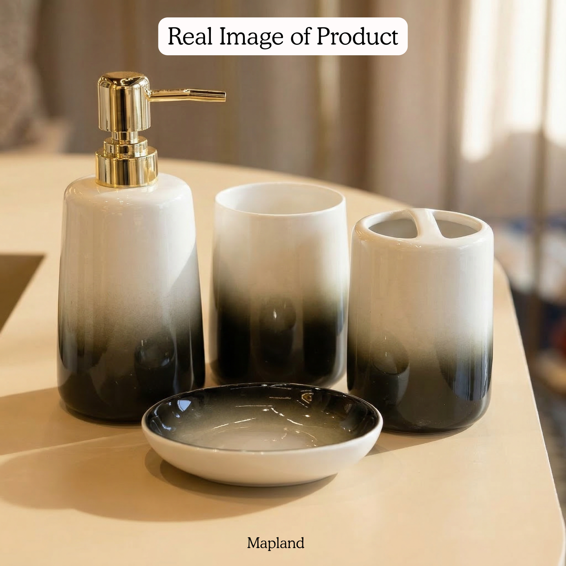 Eclipse Gold Ceramic Bathroom Set of 4 — angle view — handmade artisan home decor | Mapland