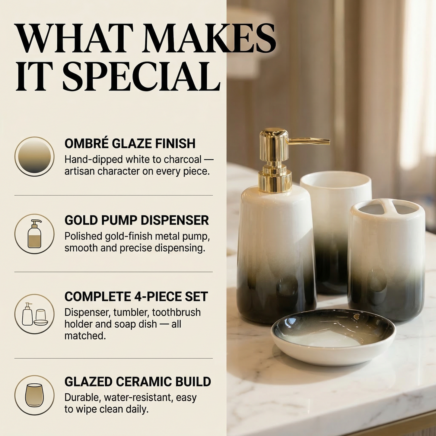 Eclipse Gold Ceramic Bathroom Set of 4 — lifestyle view — handmade artisan home decor | Mapland