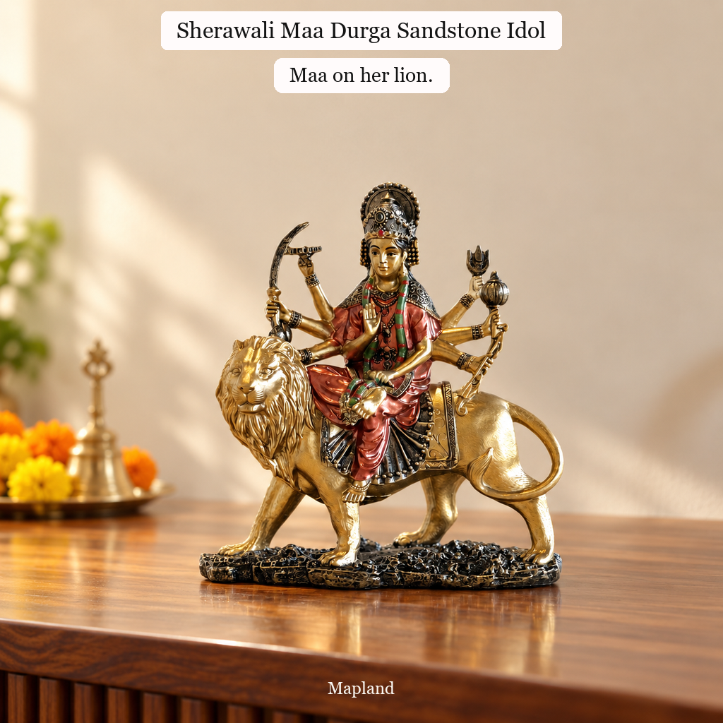 Sherawali Maa Durga sandstone idol on a wooden console | Mapland