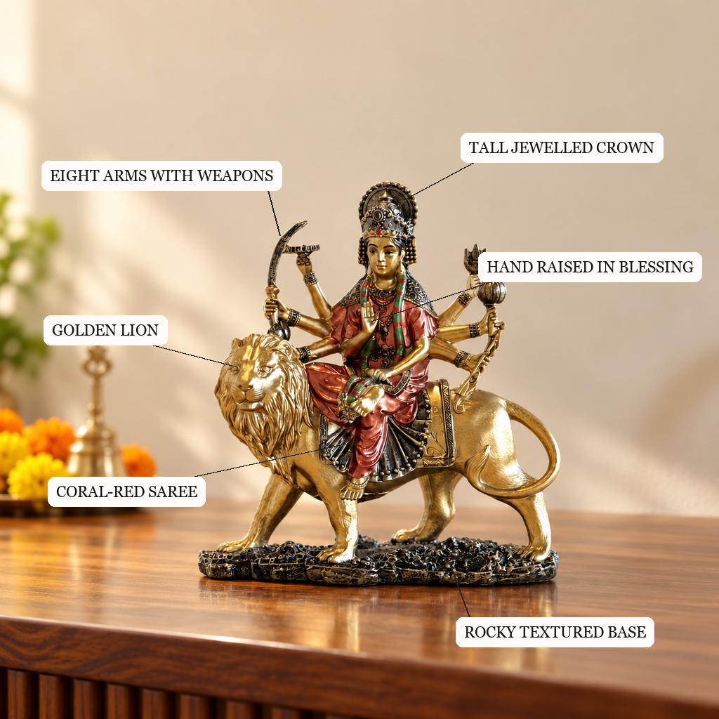 Sherawali Maa idol crown, eight arms, lion and rocky base detailing | Mapland