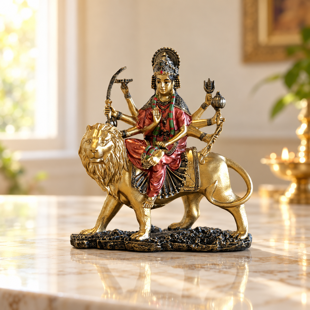 Sherawali Maa Durga sandstone idol on lion, antique gold with coral-red saree | Mapland