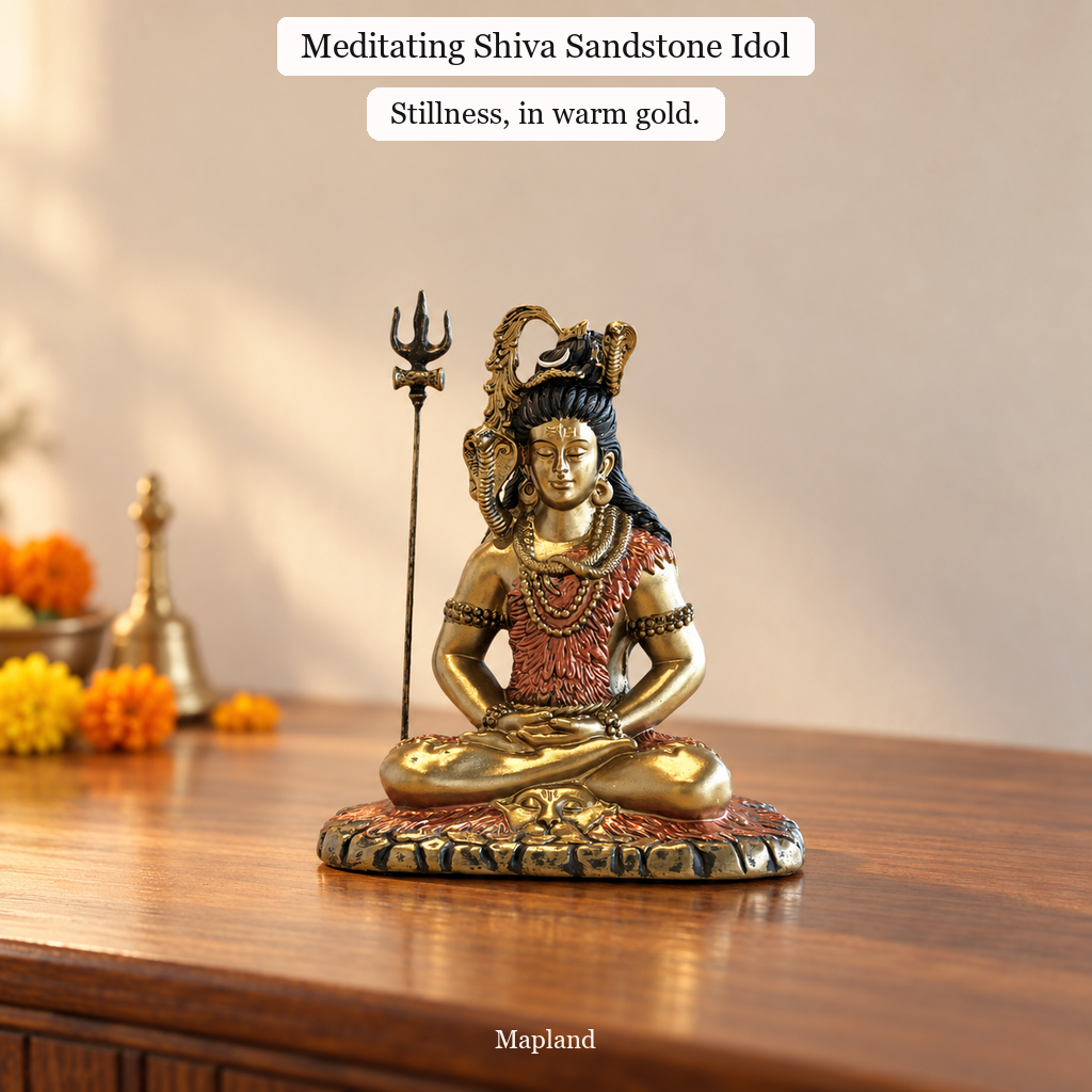 Meditating Shiva sandstone idol on a wooden console | Mapland