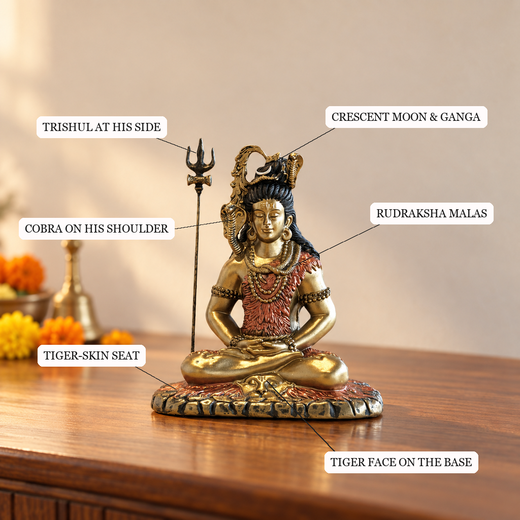 Meditating Shiva idol trishul, cobra, moon, malas and tiger-skin detailing | Mapland