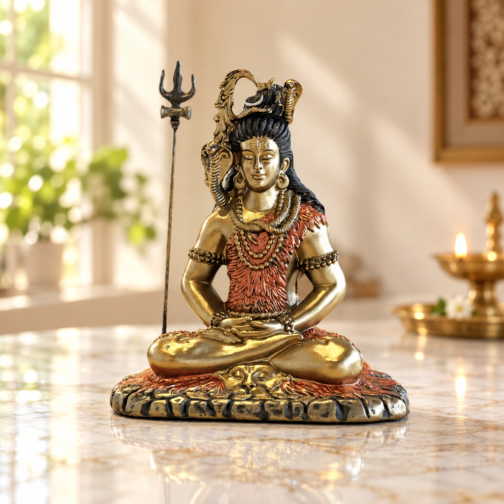 Meditating Shiva sandstone idol with trishul, antique gold with coral tiger skin | Mapland