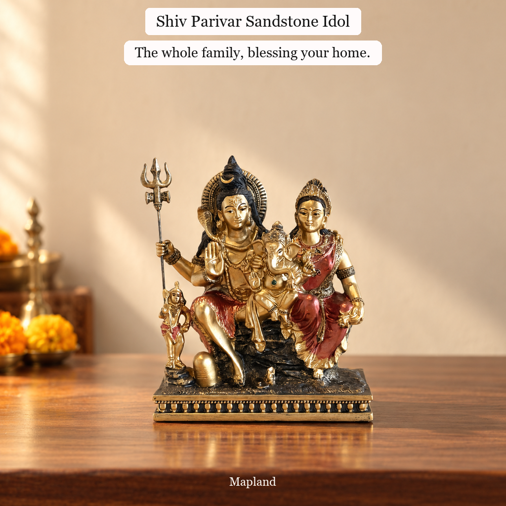 Shiv Parivar sandstone idol on a wooden console | Mapland