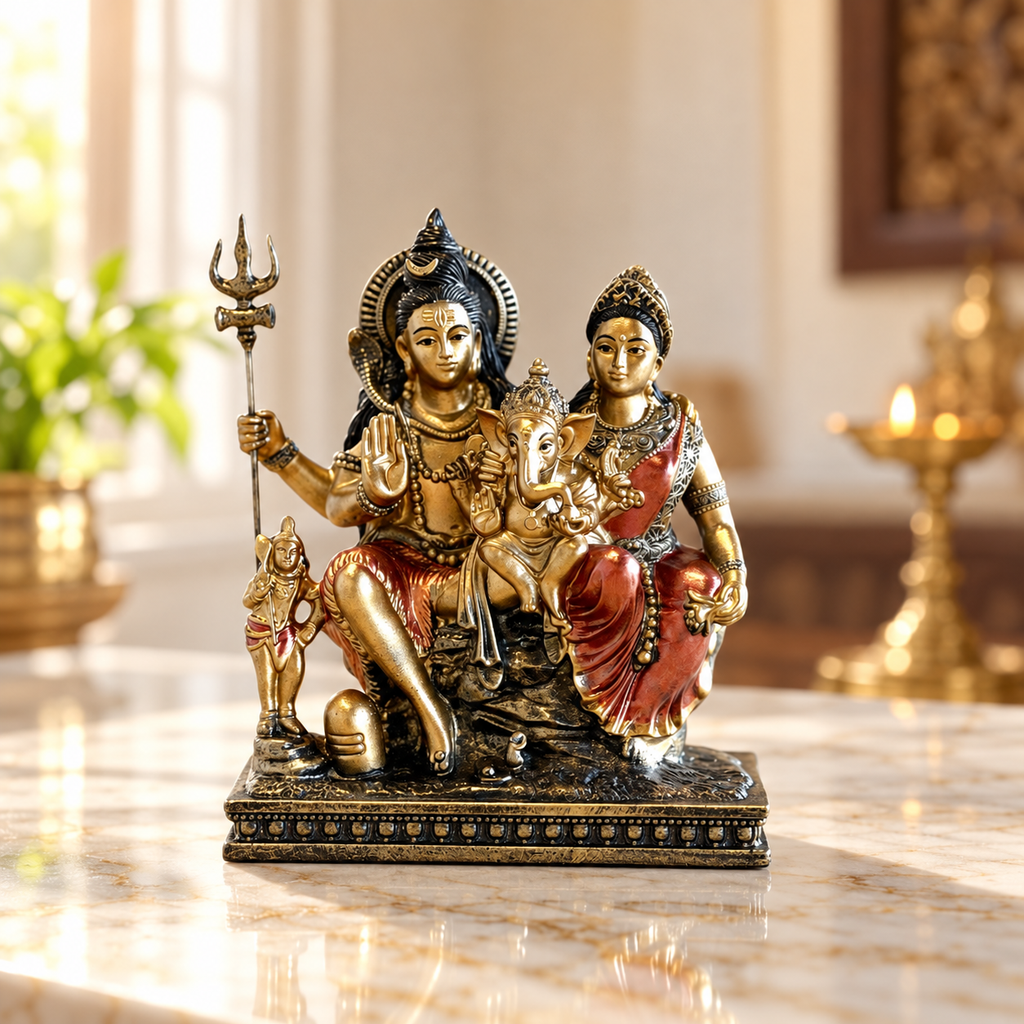 Shiv Parivar sandstone idol 6 inch, antique gold with coral-red robes | Mapland