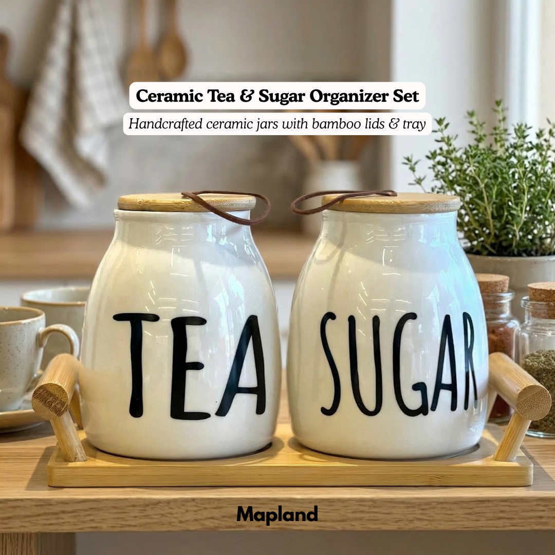 Ceramic Tea & Sugar Organizer Set — side view — handmade artisan home decor | Mapland