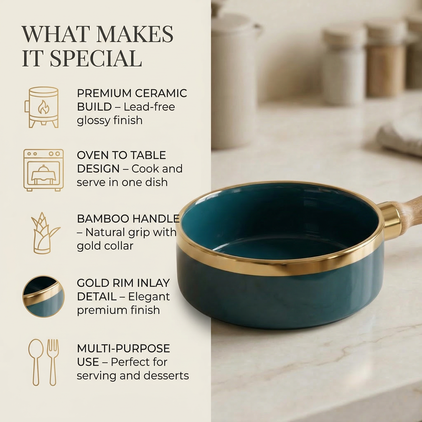 Midnight Teal Enamel Serving Bowl with Gold Rim — detail view — handmade artisan home decor | Mapland