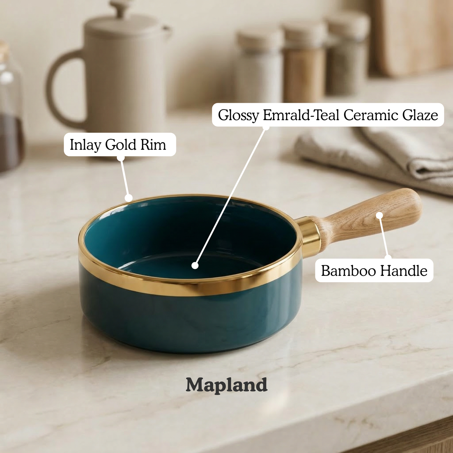 Midnight Teal Enamel Serving Bowl with Gold Rim — top view — handmade artisan home decor | Mapland