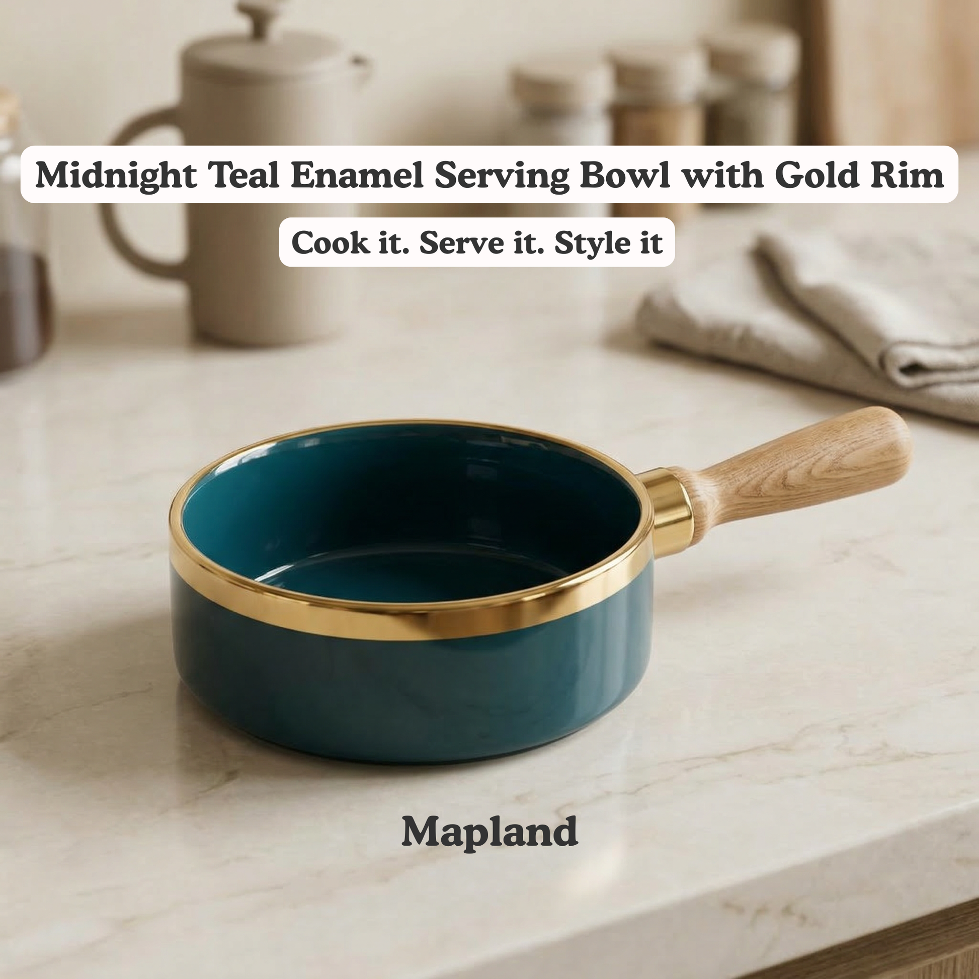 Midnight Teal Enamel Serving Bowl with Gold Rim — side view — handmade artisan home decor | Mapland