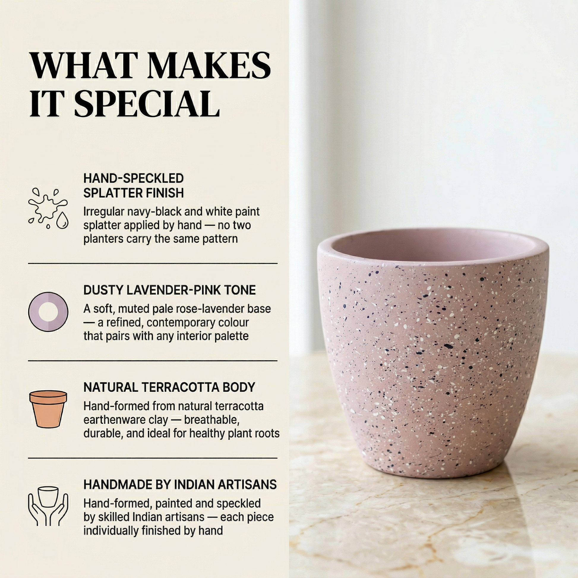 Speckle Terracotta Planter handmade ceramic planter — lifestyle view, Indian artisan craft | Mapland