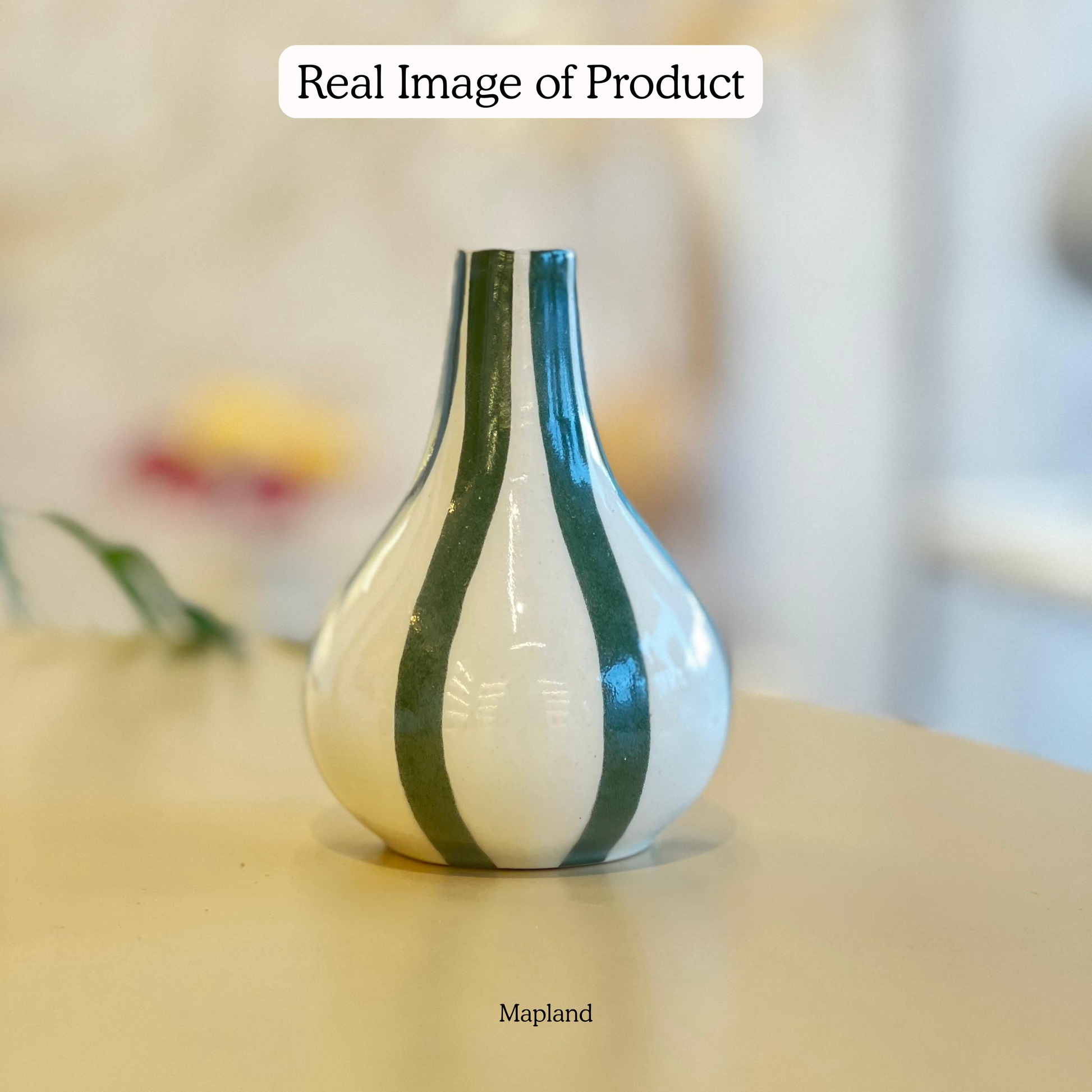 Stripe Gourd Vase handmade ceramic vase — angle view, Indian artisan craft | Mapland
