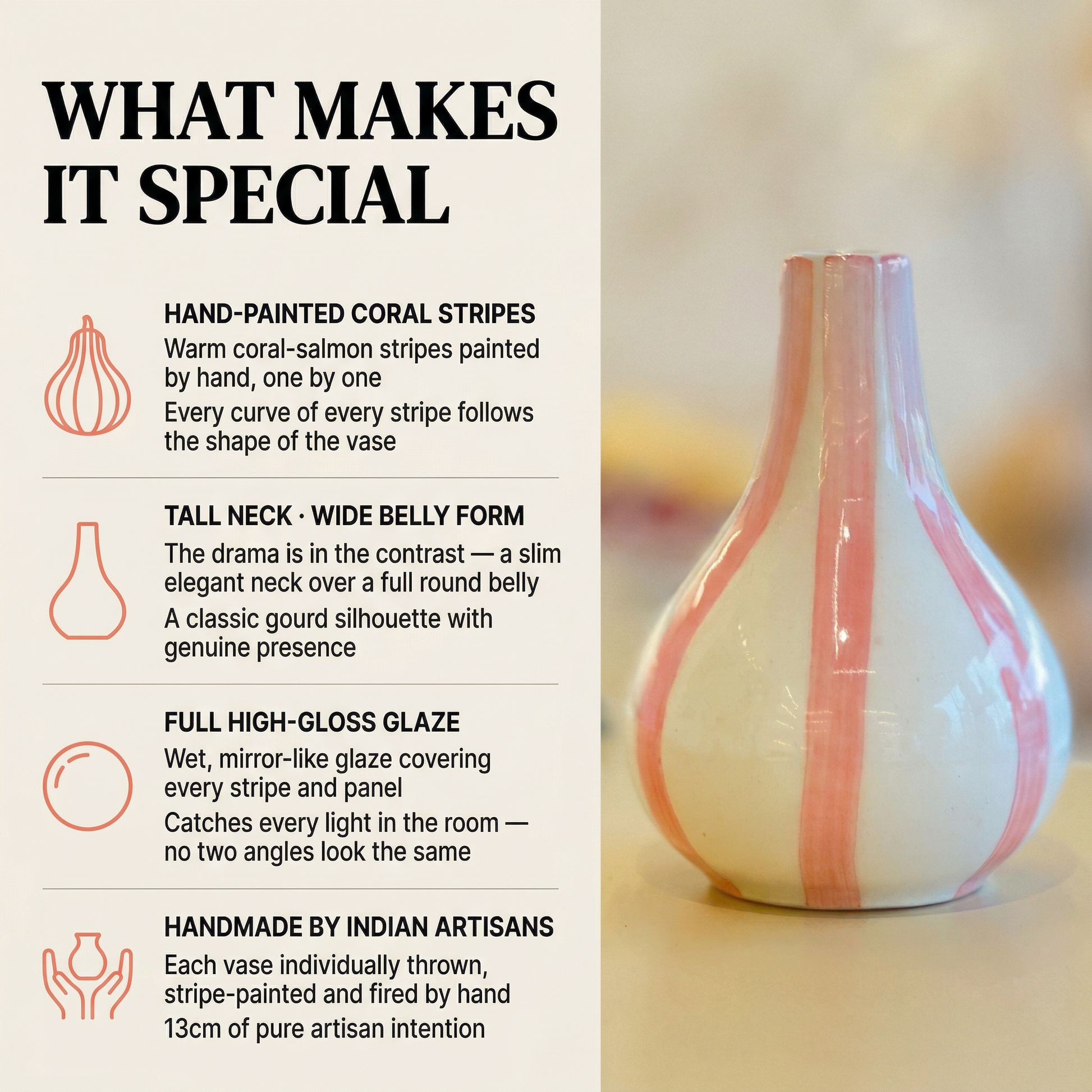 Stripe Gourd Vase handmade ceramic vase — angle view, Indian artisan craft | Mapland