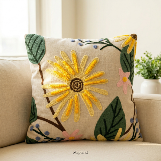 Sunflower meadow embroidered cushion cover in yellow and green — handmade cushion cover | Mapland Design Studio