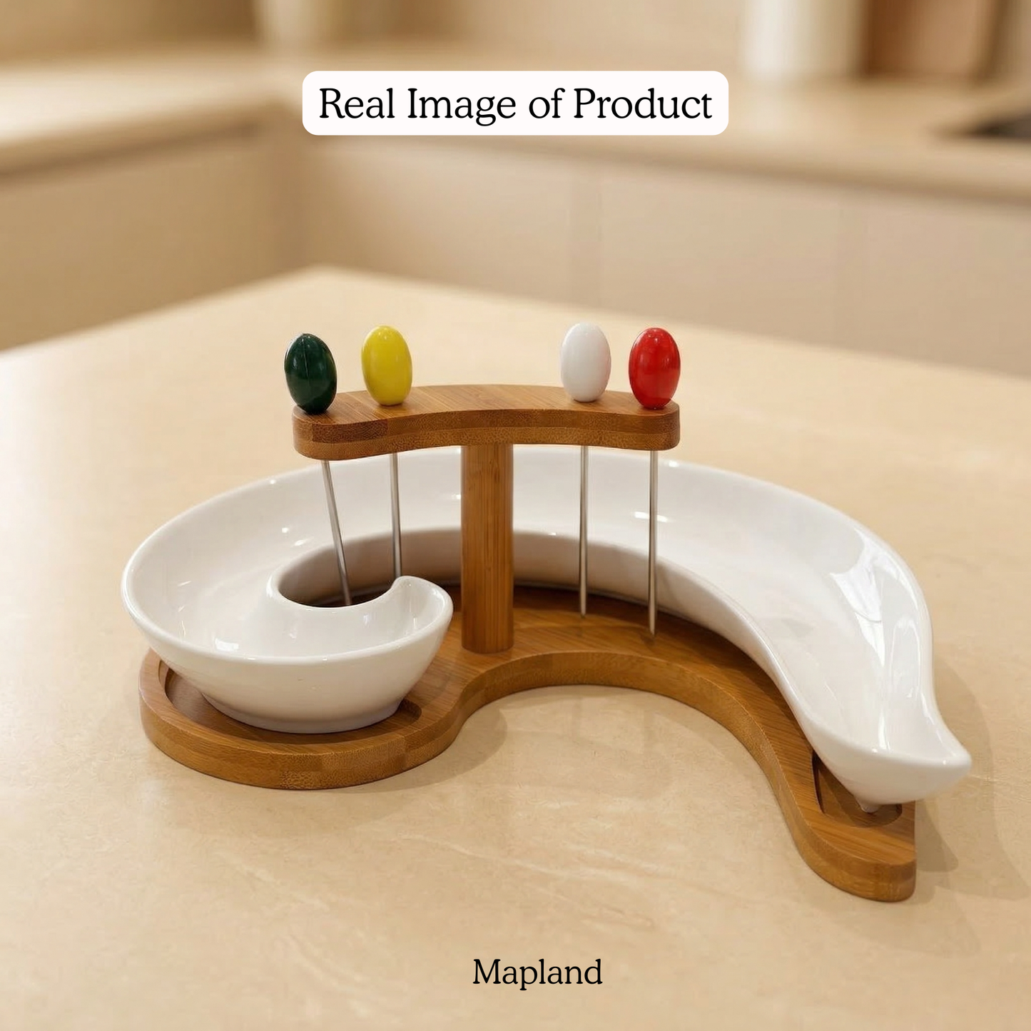 Kawa Bamboo Sushi Platter Set — Real Product Photo with S-Curve Bamboo Base, Ceramic Wave Platter and Dip Bowl | Mapland