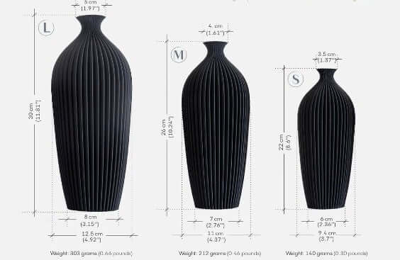 Black ribbed vases with measurements on a white background