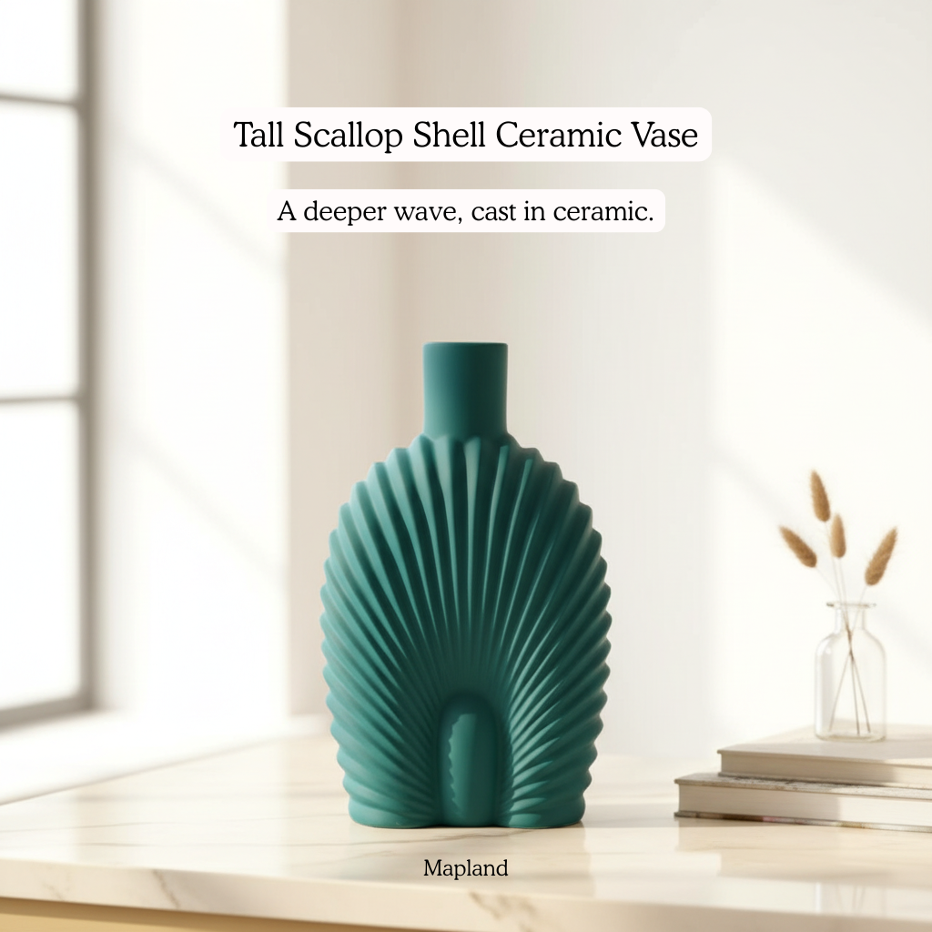 Tall Scallop Shell Ceramic Vase — Teal