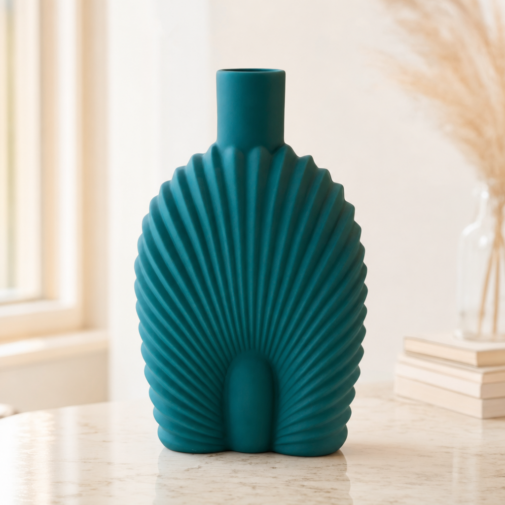 Tall Scallop Shell Ceramic Vase — Teal