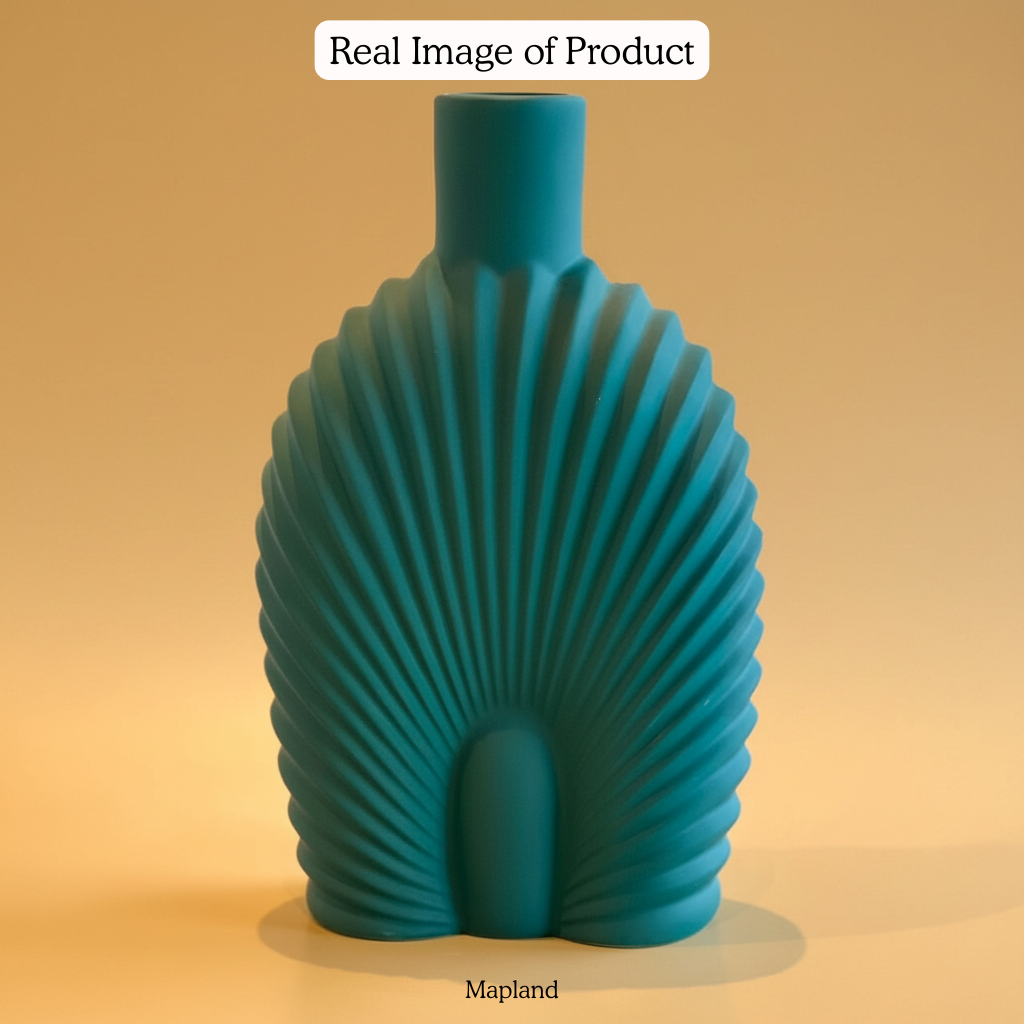 Tall Scallop Shell Ceramic Vase — Teal