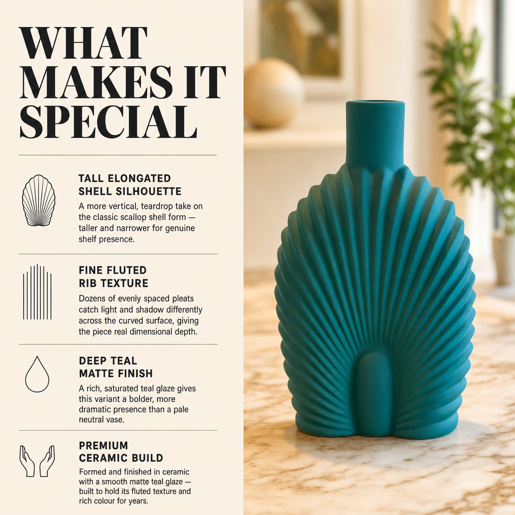 Tall Scallop Shell Ceramic Vase — Teal