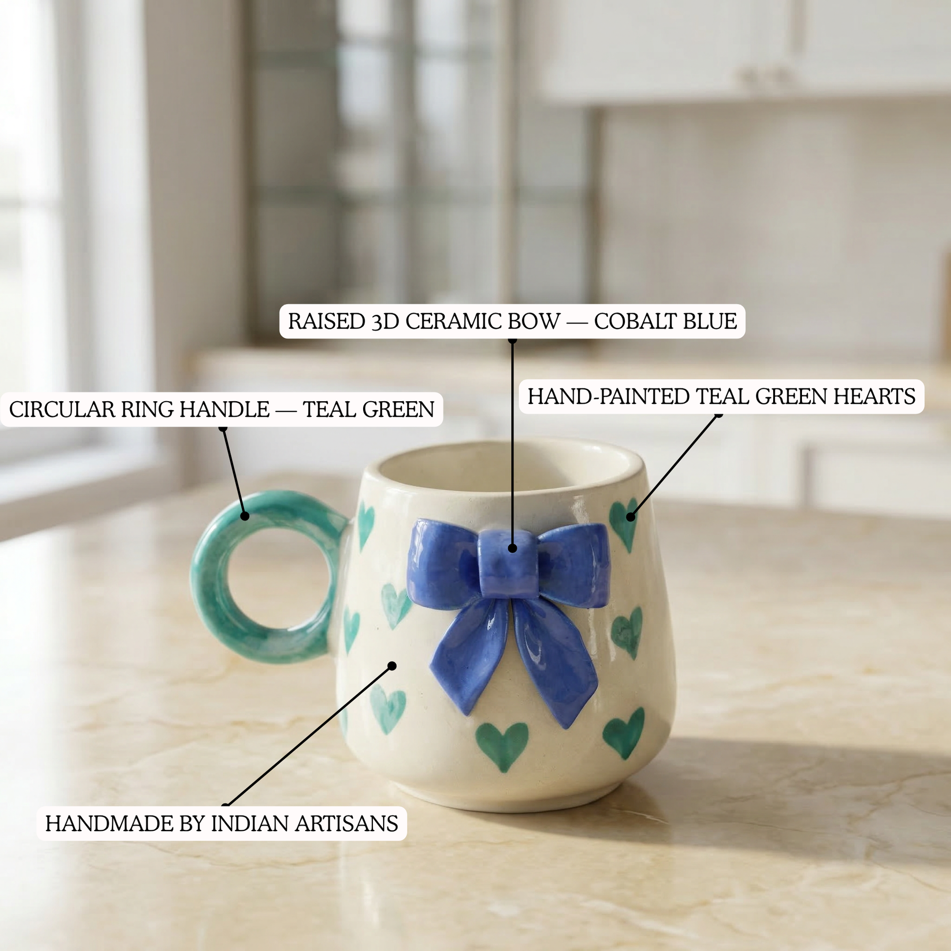 Teal Heart & Blue Bow Ceramic Mug - Mapland