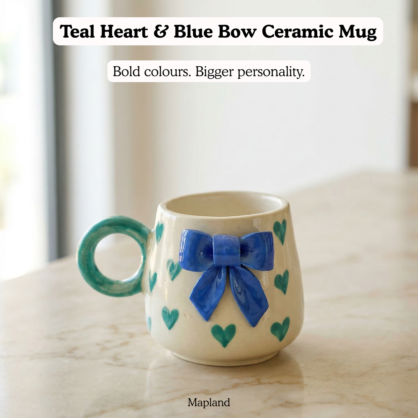 Teal Heart & Blue Bow Ceramic Mug - Mapland