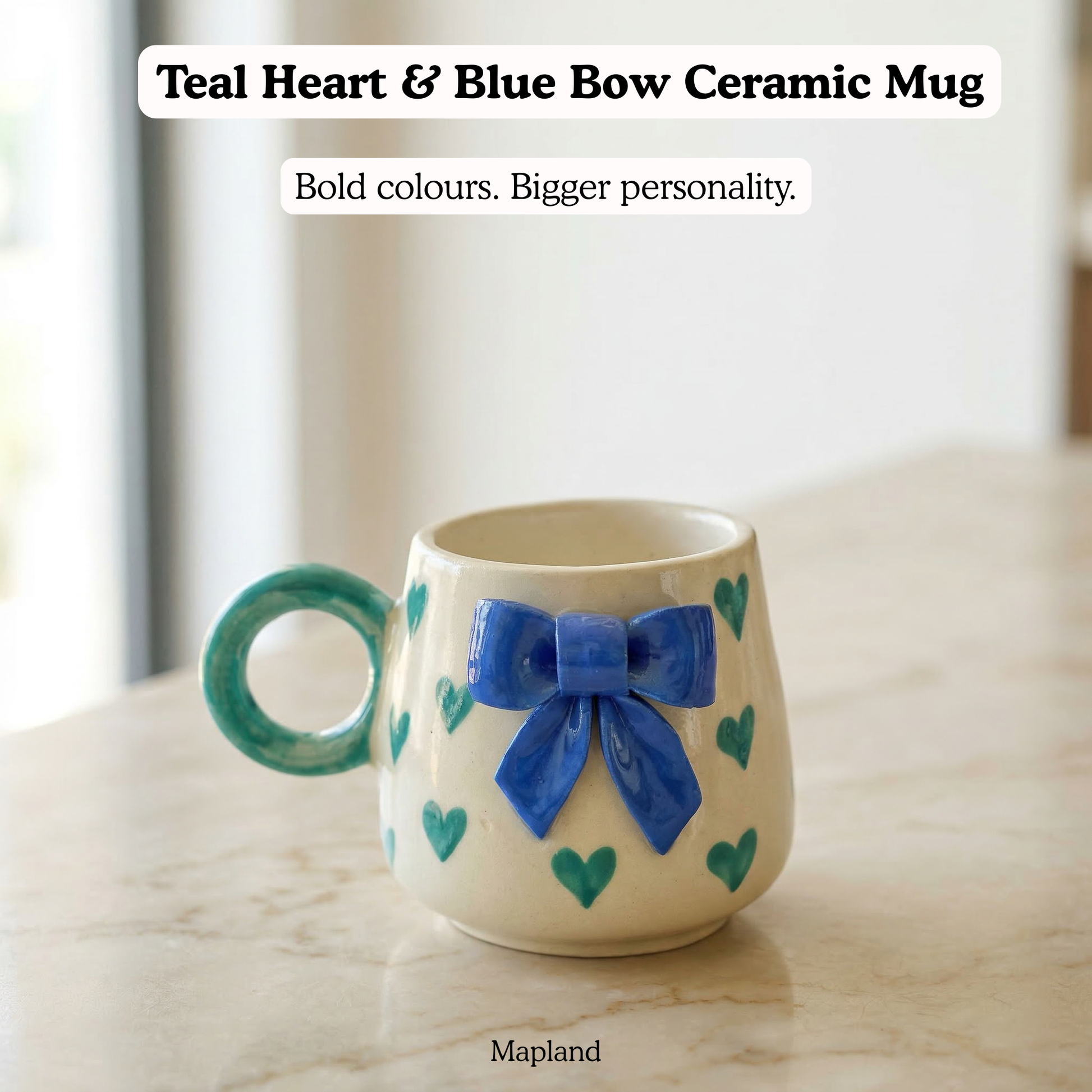 Teal Heart & Blue Bow Ceramic Mug - Mapland