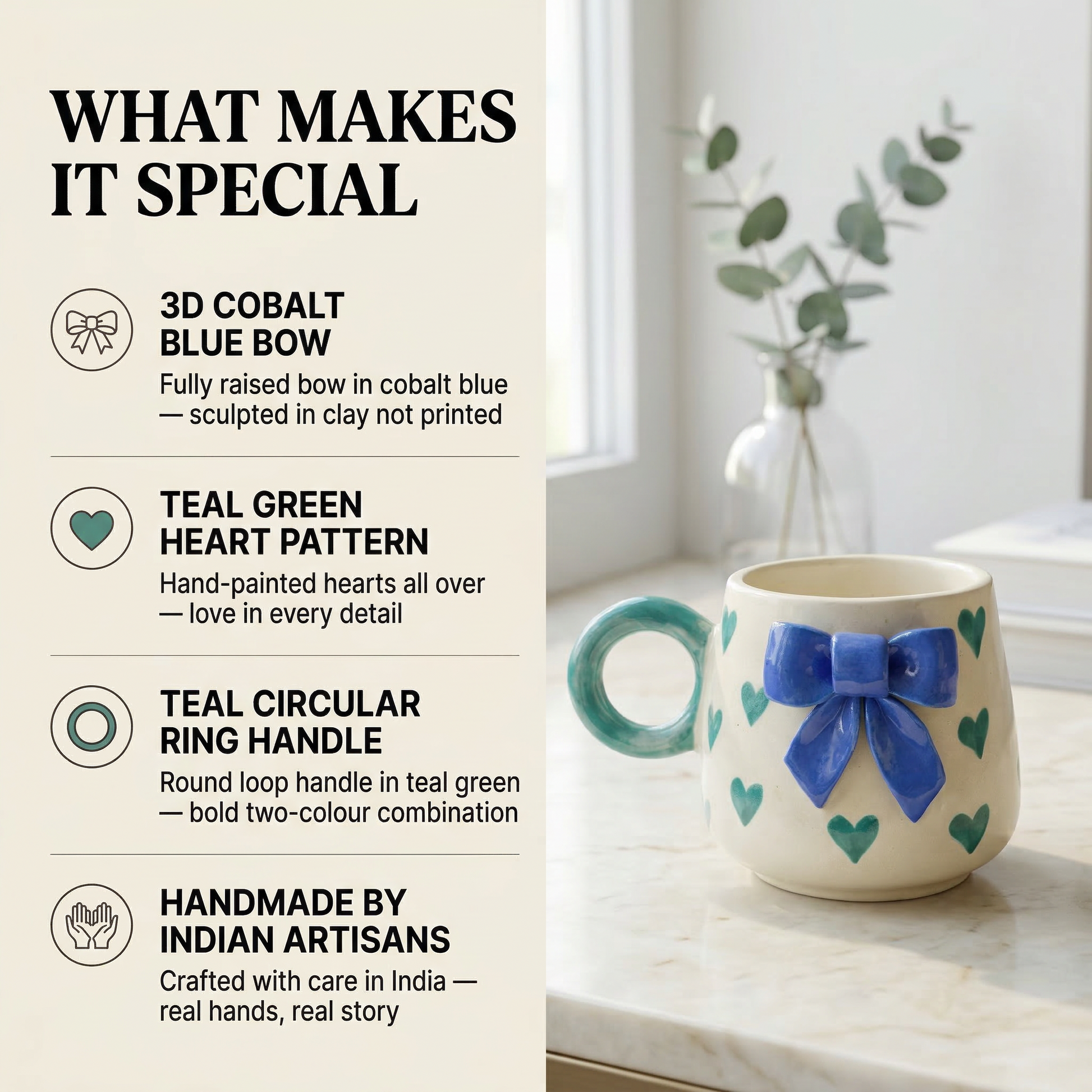 Teal Heart & Blue Bow Ceramic Mug - Mapland