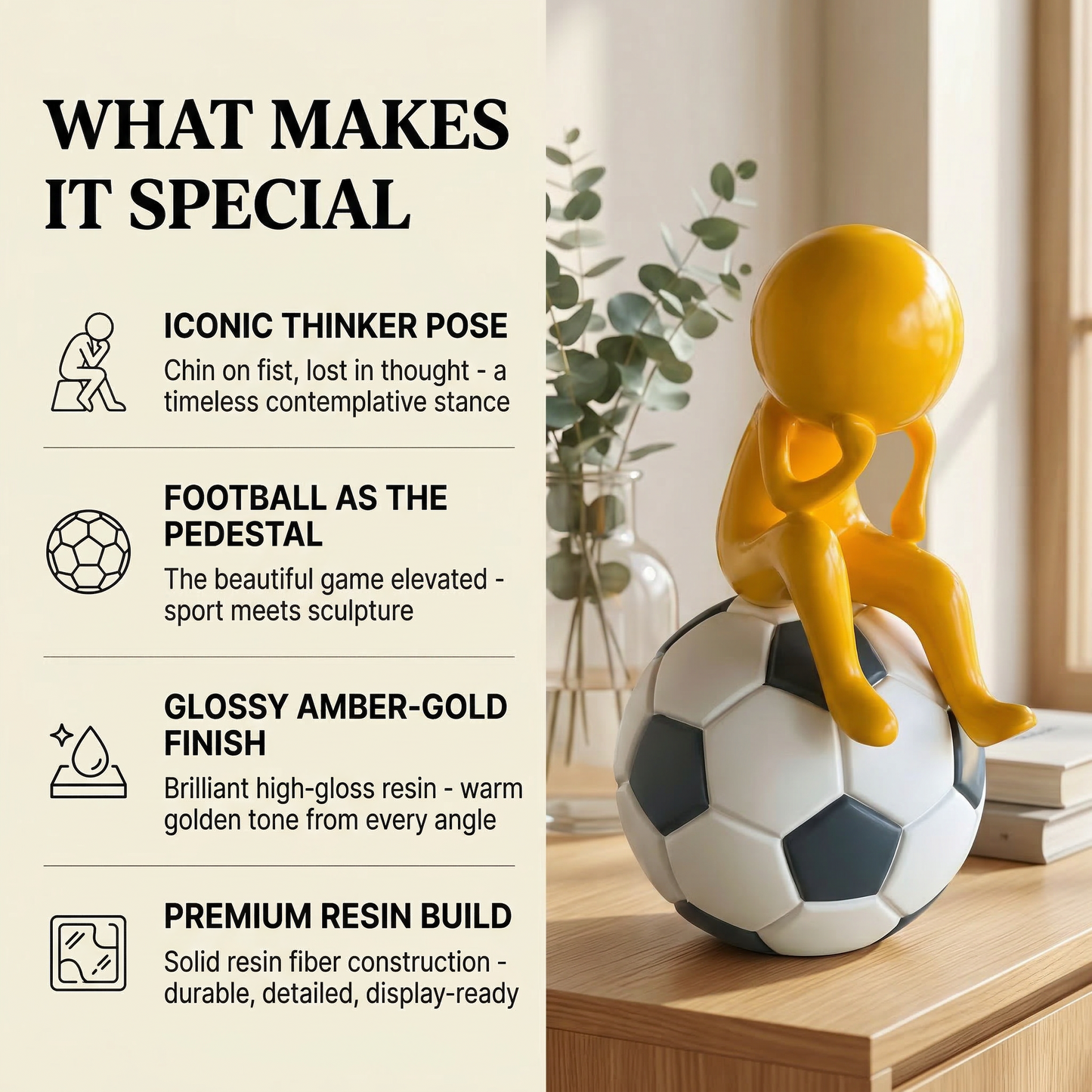 Soccer Thinker Figurine -- decorative figurine, home accent decor | Mapland