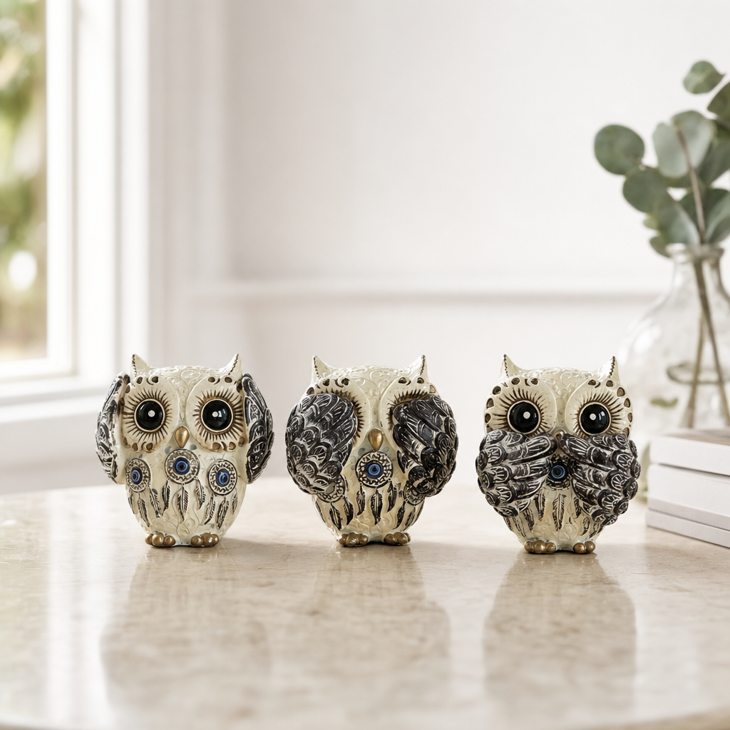 Three Wise Owls Resin Figurine Set