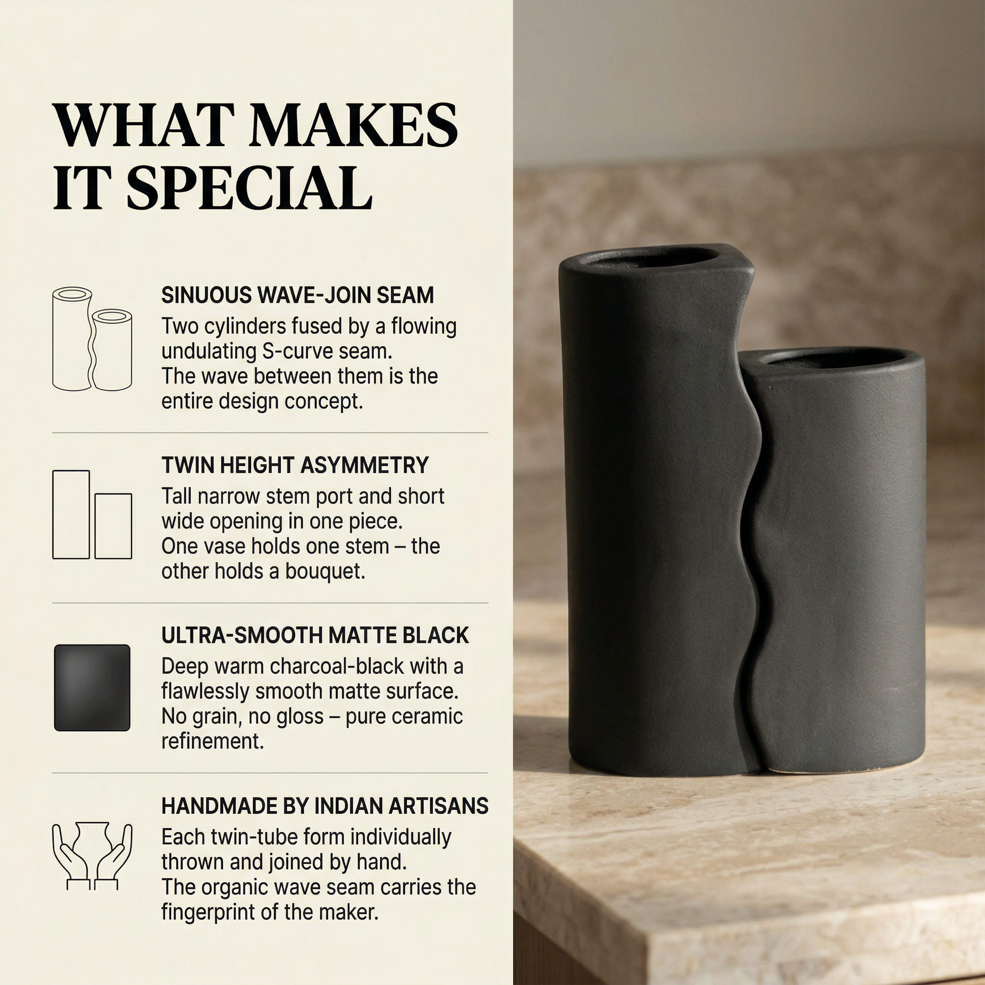 Twin Wave Vase handmade ceramic vase — lifestyle view, Indian artisan craft | Mapland