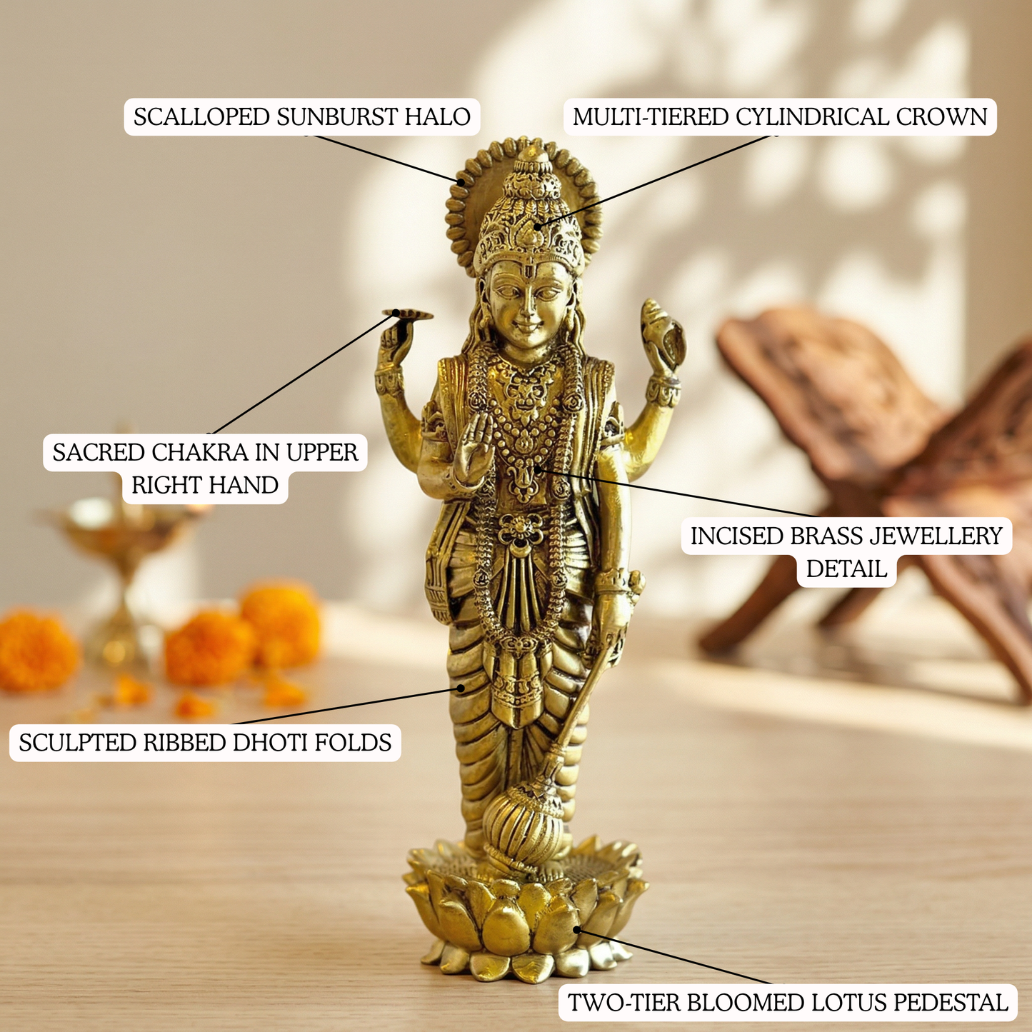 Brass Vishnu idol crown and halo detailing close-up | Mapland